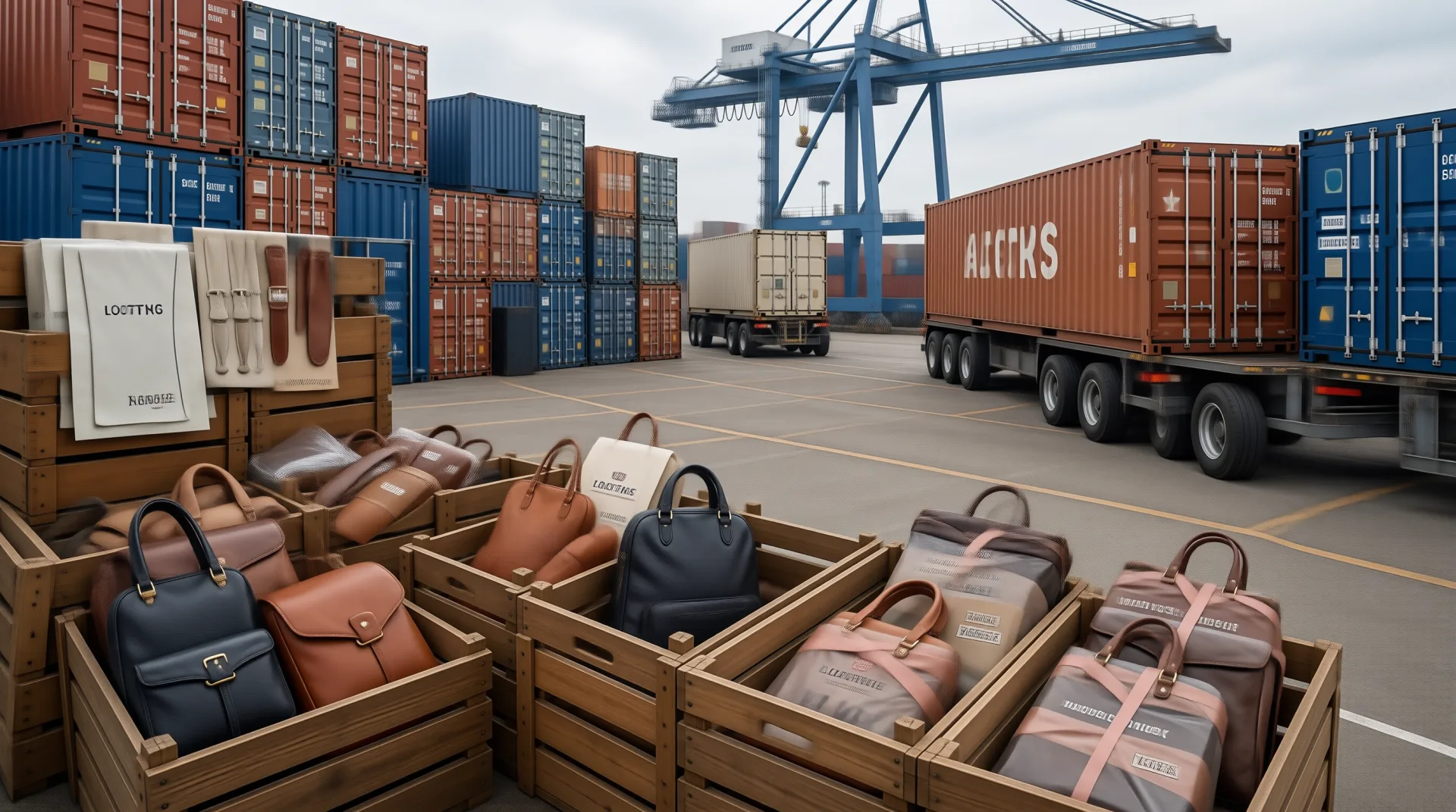 Export-ready leather goods loaded in wooden crates at port for international shipment