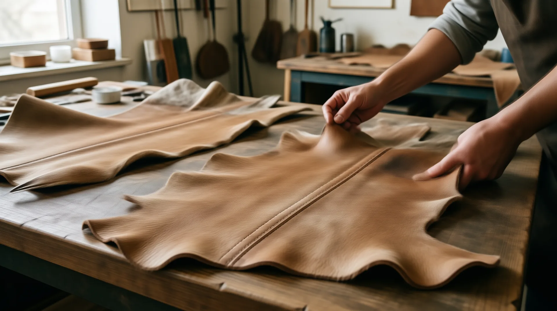 Craftsperson selecting finished leather hides for inspection