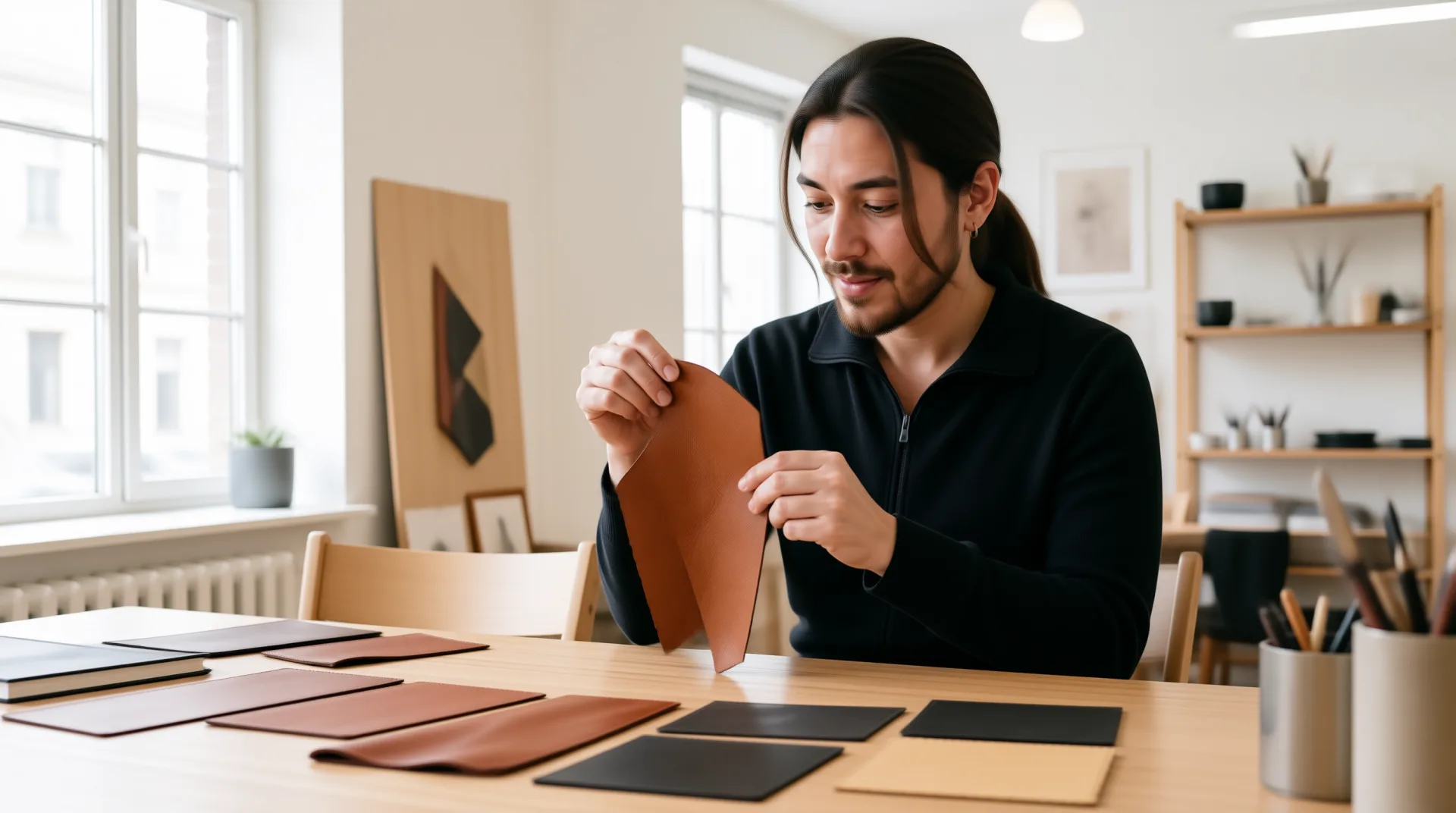 Fashion brand designer selecting natural leather swatches in atelier