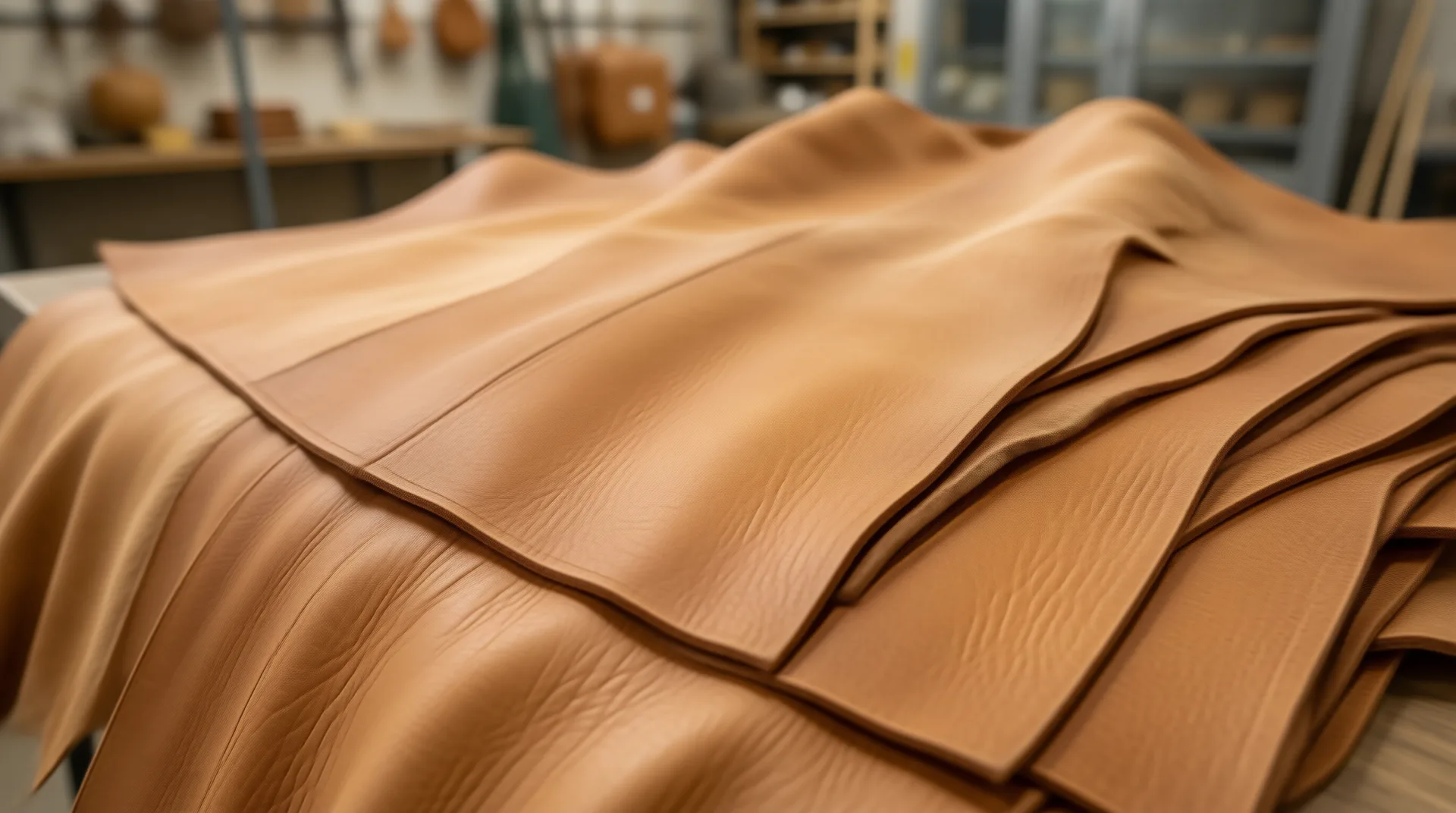 Custom leather hides stacked showing grain texture for OEM and ODM customization reference