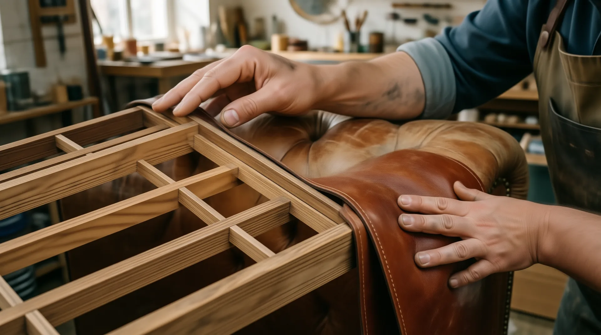 Furniture maker upholstering a leather chesterfield sofa