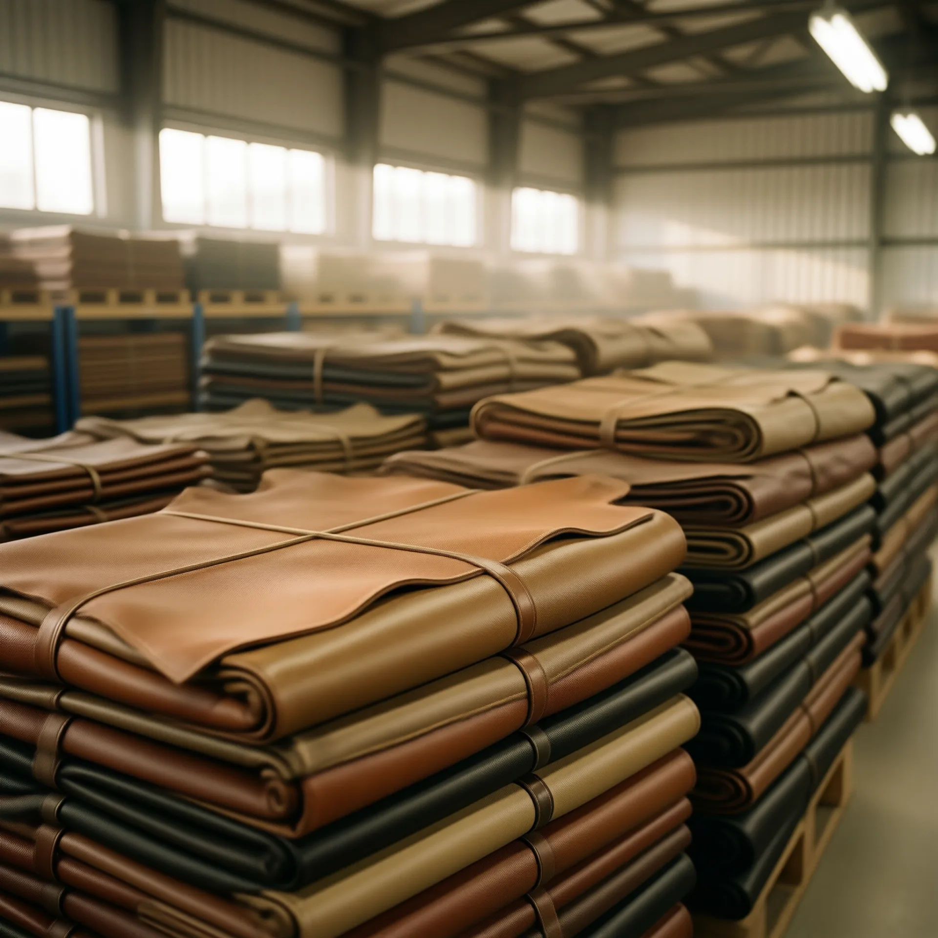 Micko leather materials stacked and inspected at the workshop