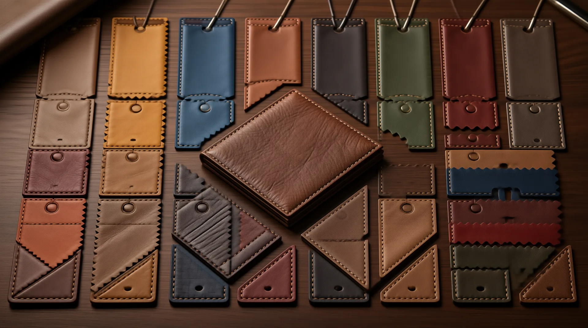 Premium leather material swatches in various colors and textures arranged for ODM design review